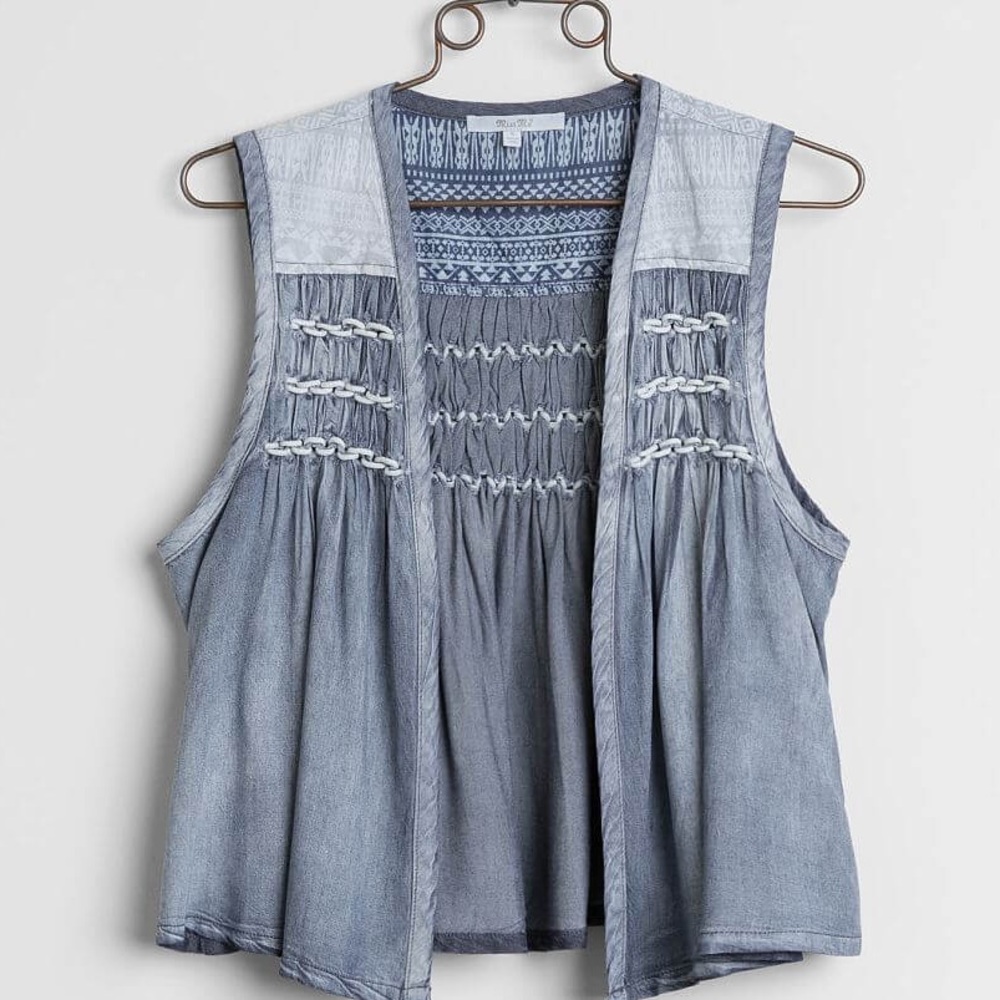M Miss Me Women's Open Front Raw Edge Vest Sleeveless Boho Western Blue Medium